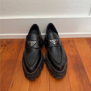 Prada Women's Black monolith brushed leather Chunky Loafers